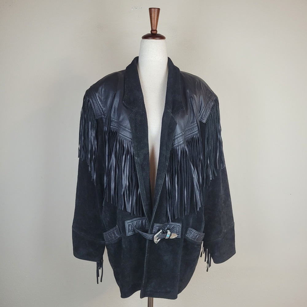 VTG Whipp Jacket Med Black Suede Leather Fringe Western Cowgirl Rodeo Oversized